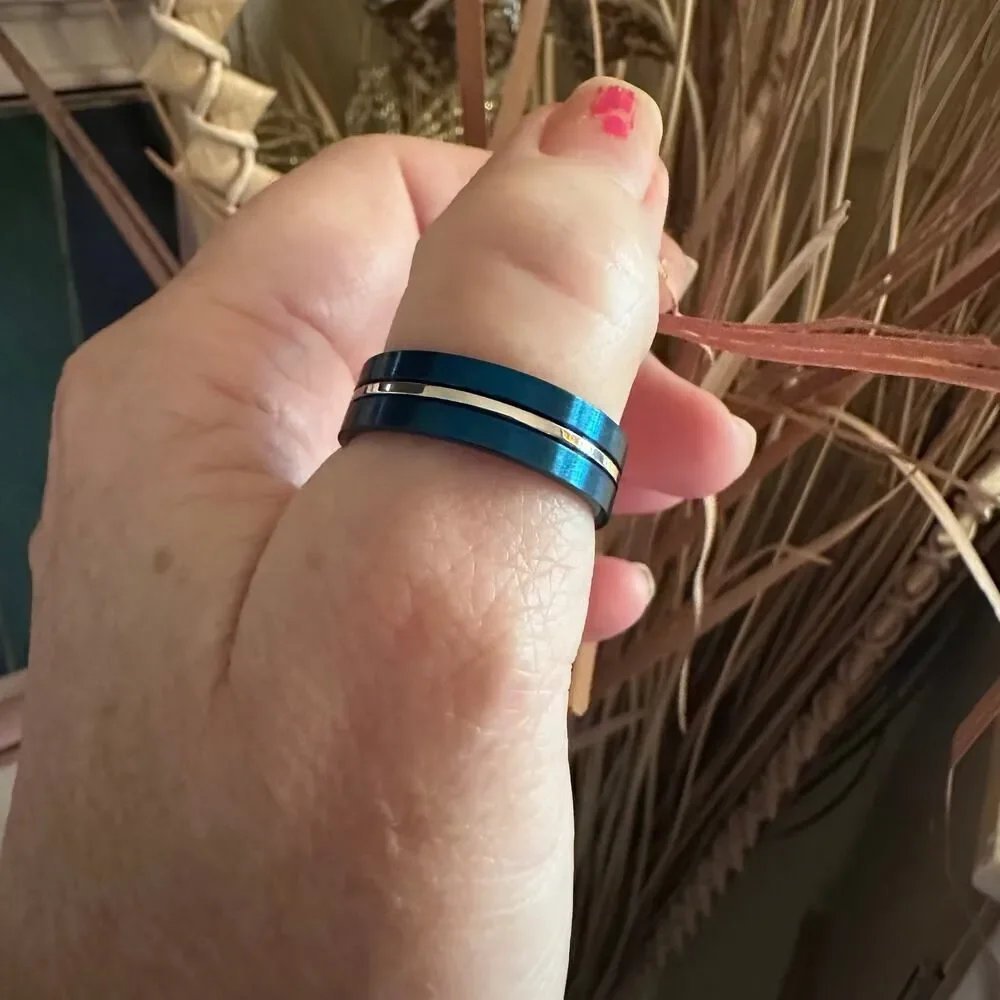Blue Stainless Steel 6.5mm Satin Finish Striped Band Ring